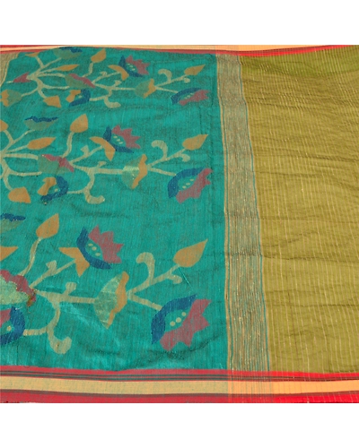 Sanskriti Vintage Green Sarees Pure Silk Hand-Woven Tant Premium Sari Fabric, PS-61719-Green-Woven Work-Pure Silk-3