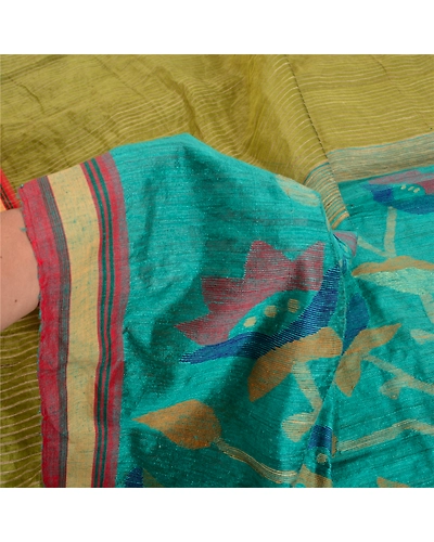 Sanskriti Vintage Green Sarees Pure Silk Hand-Woven Tant Premium Sari Fabric, PS-61719-Green-Woven Work-Pure Silk-4