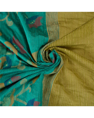 Sanskriti Vintage Green Sarees Pure Silk Hand-Woven Tant Premium Sari Fabric, PS-61719-Green-Woven Work-Pure Silk-7