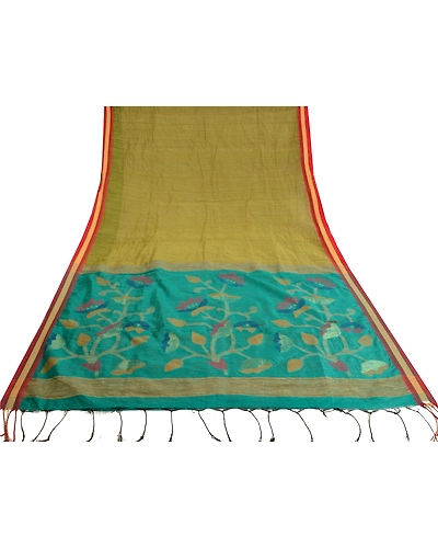 Sanskriti Vintage Green Sarees Pure Silk Hand-Woven Tant Premium Sari Fabric, PS-61719-Green-Woven Work-Pure Silk-9
