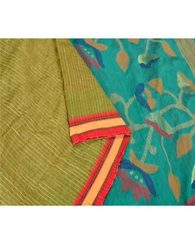 Sanskriti Vintage Green Sarees Pure Silk Hand-Woven Tant Premium Sari Fabric, PS-61719-Green-Woven Work-Pure Silk-10