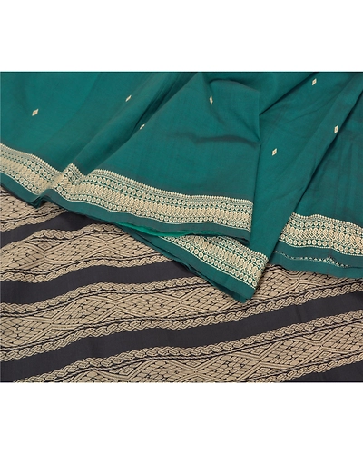 Sanskriti Vintage Green/Black Sarees Blend Silk Woven Premium Sari Craft Fabric, PS-61723-Green &amp; Black-Woven Work-Blend Silk-2