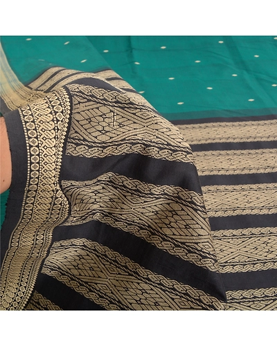 Sanskriti Vintage Green/Black Sarees Blend Silk Woven Premium Sari Craft Fabric, PS-61723-Green &amp; Black-Woven Work-Blend Silk-5