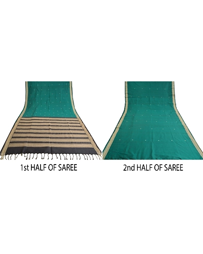 Sanskriti Vintage Green/Black Sarees Blend Silk Woven Premium Sari Craft Fabric, PS-61723-Green &amp; Black-Woven Work-Blend Silk-6
