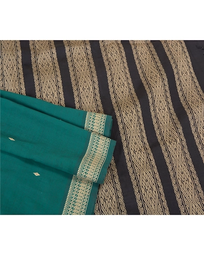 Sanskriti Vintage Green/Black Sarees Blend Silk Woven Premium Sari Craft Fabric, PS-61723-Green &amp; Black-Woven Work-Blend Silk-9