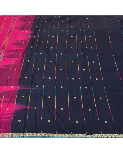 Sanskriti Vintage Pink/Blue Pochampally Ikat Sarees Pure Cotton Sari Fabric, PS-61748-Pink &amp; Blue-Woven Work-Pure Cotton-4