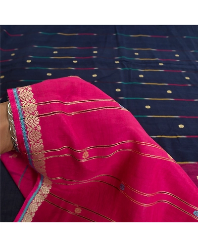 Sanskriti Vintage Pink/Blue Pochampally Ikat Sarees Pure Cotton Sari Fabric, PS-61748-Pink &amp; Blue-Woven Work-Pure Cotton-5