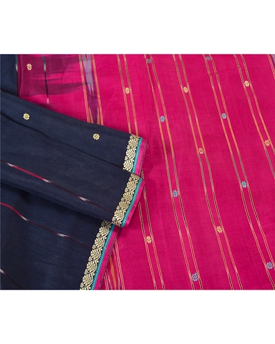Sanskriti Vintage Pink/Blue Pochampally Ikat Sarees Pure Cotton Sari Fabric, PS-61748-Pink &amp; Blue-Woven Work-Pure Cotton-9