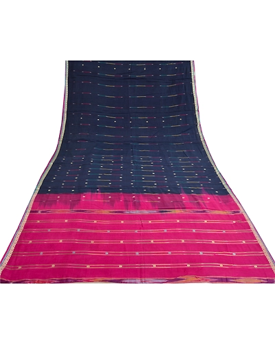 Sanskriti Vintage Pink/Blue Pochampally Ikat Sarees Pure Cotton Sari Fabric, PS-61748-Pink &amp; Blue-Woven Work-Pure Cotton-10