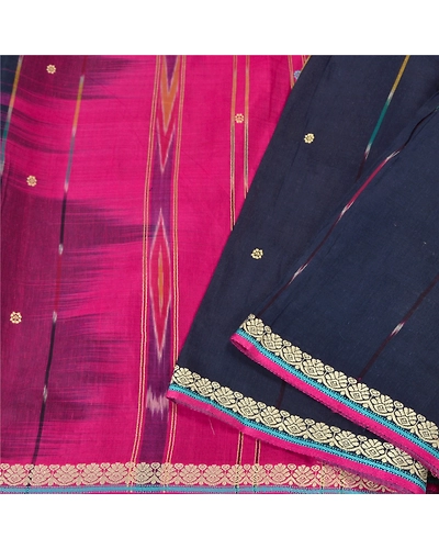 Sanskriti Vintage Pink/Blue Pochampally Ikat Sarees Pure Cotton Sari Fabric, PS-61748-Pink &amp; Blue-Woven Work-Pure Cotton-11