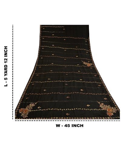 Sanskriti Vintage Black Sarees Pure Crepe Silk Hand Beaded Cultural Sari Fabric, PS-61753-Black-Zari Work-Pure Crepe Silk-1