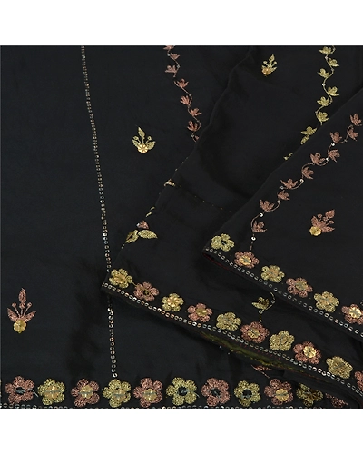 Sanskriti Vintage Black Sarees Pure Crepe Silk Hand Beaded Cultural Sari Fabric, PS-61753-Black-Zari Work-Pure Crepe Silk-2