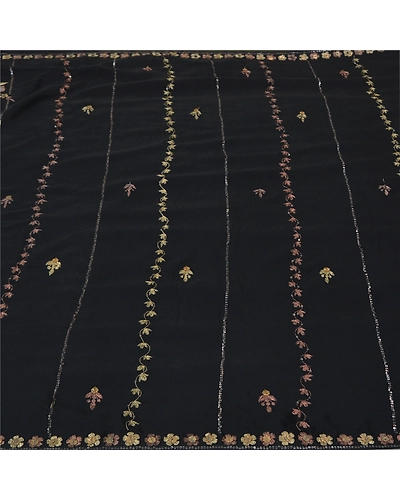 Sanskriti Vintage Black Sarees Pure Crepe Silk Hand Beaded Cultural Sari Fabric, PS-61753-Black-Zari Work-Pure Crepe Silk-4