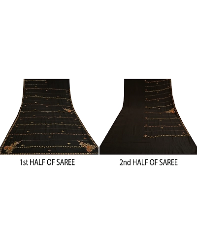Sanskriti Vintage Black Sarees Pure Crepe Silk Hand Beaded Cultural Sari Fabric, PS-61753-Black-Zari Work-Pure Crepe Silk-6