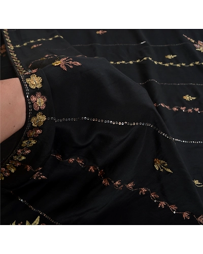 Sanskriti Vintage Black Sarees Pure Crepe Silk Hand Beaded Cultural Sari Fabric, PS-61753-Black-Zari Work-Pure Crepe Silk-8