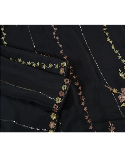 Sanskriti Vintage Black Sarees Pure Crepe Silk Hand Beaded Cultural Sari Fabric, PS-61753-Black-Zari Work-Pure Crepe Silk-9