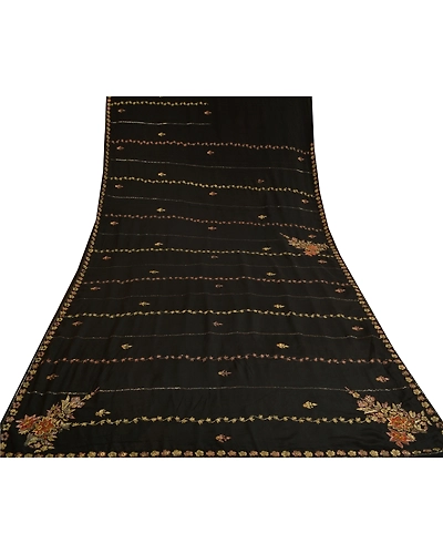 Sanskriti Vintage Black Sarees Pure Crepe Silk Hand Beaded Cultural Sari Fabric, PS-61753-Black-Zari Work-Pure Crepe Silk-10