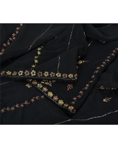 Sanskriti Vintage Black Sarees Pure Crepe Silk Hand Beaded Cultural Sari Fabric, PS-61753-Black-Zari Work-Pure Crepe Silk-11