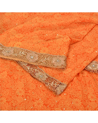Sanskriti Vintage Orange Bollywood Sarees Pure Georgette Silk Beaded Sari Fabric, PS-61768-Orange-Beaded Work-Pure Georgette Silk-2