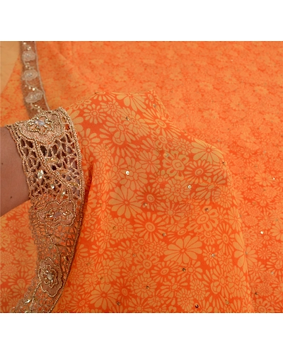 Sanskriti Vintage Orange Bollywood Sarees Pure Georgette Silk Beaded Sari Fabric, PS-61768-Orange-Beaded Work-Pure Georgette Silk-5