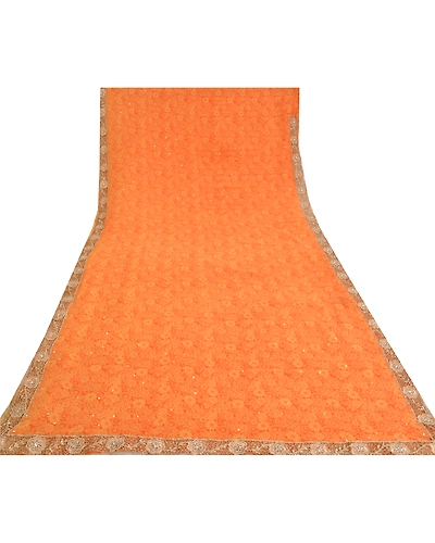Sanskriti Vintage Orange Bollywood Sarees Pure Georgette Silk Beaded Sari Fabric, PS-61768-Orange-Beaded Work-Pure Georgette Silk-10