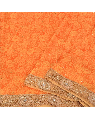 Sanskriti Vintage Orange Bollywood Sarees Pure Georgette Silk Beaded Sari Fabric, PS-61768-Orange-Beaded Work-Pure Georgette Silk-11
