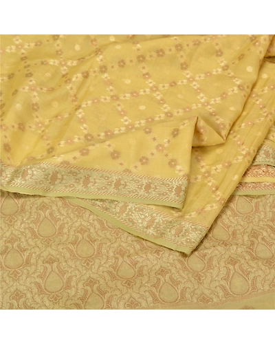 Sanskriti Vintage Light Yellow Sarees Pure Silk Woven Sari Craft 5 Yd Fabric, PS-61775-Light Yellow-Woven Work-Pure Silk-2