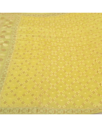 Sanskriti Vintage Light Yellow Sarees Pure Silk Woven Sari Craft 5 Yd Fabric, PS-61775-Light Yellow-Woven Work-Pure Silk-4