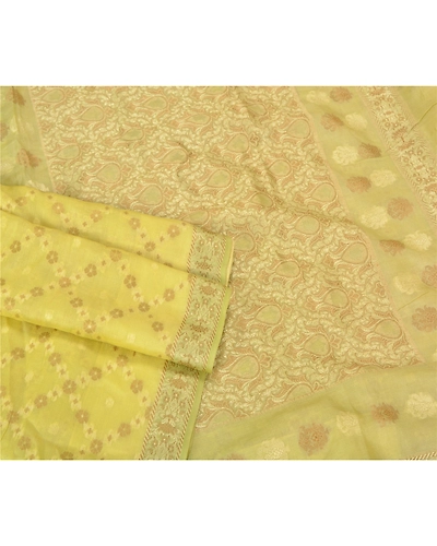 Sanskriti Vintage Light Yellow Sarees Pure Silk Woven Sari Craft 5 Yd Fabric, PS-61775-Light Yellow-Woven Work-Pure Silk-9