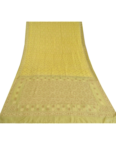 Sanskriti Vintage Light Yellow Sarees Pure Silk Woven Sari Craft 5 Yd Fabric, PS-61775-Light Yellow-Woven Work-Pure Silk-10