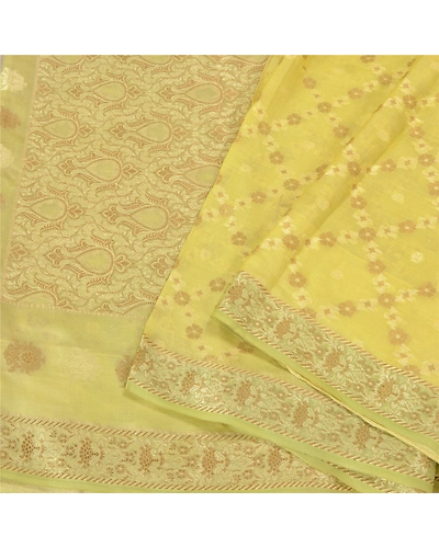 Sanskriti Vintage Light Yellow Sarees Pure Silk Woven Sari Craft 5 Yd Fabric, PS-61775-Light Yellow-Woven Work-Pure Silk-11