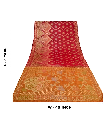 Sanskriti Vintage Saffron/Red Sarees Pure Silk Woven Premium Sari Craft Fabric, PS-61781-Saffron &amp; Red-Woven Work-100% Pure Silk-1