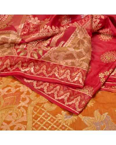 Sanskriti Vintage Saffron/Red Sarees Pure Silk Woven Premium Sari Craft Fabric, PS-61781-Saffron &amp; Red-Woven Work-100% Pure Silk-2