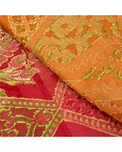 Sanskriti Vintage Saffron/Red Sarees Pure Silk Woven Premium Sari Craft Fabric, PS-61781-Saffron &amp; Red-Woven Work-100% Pure Silk-3