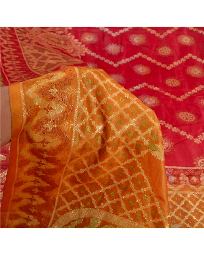 Sanskriti Vintage Saffron/Red Sarees Pure Silk Woven Premium Sari Craft Fabric, PS-61781-Saffron &amp; Red-Woven Work-100% Pure Silk-5
