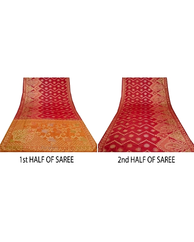 Sanskriti Vintage Saffron/Red Sarees Pure Silk Woven Premium Sari Craft Fabric, PS-61781-Saffron &amp; Red-Woven Work-100% Pure Silk-6