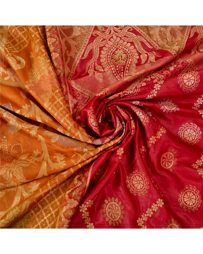 Sanskriti Vintage Saffron/Red Sarees Pure Silk Woven Premium Sari Craft Fabric, PS-61781-Saffron &amp; Red-Woven Work-100% Pure Silk-8