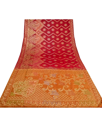 Sanskriti Vintage Saffron/Red Sarees Pure Silk Woven Premium Sari Craft Fabric, PS-61781-Saffron &amp; Red-Woven Work-100% Pure Silk-10