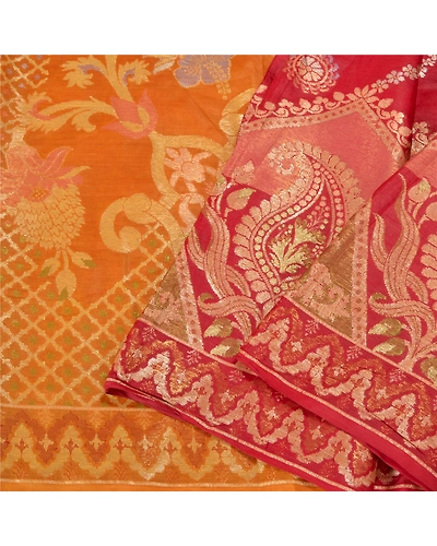 Sanskriti Vintage Saffron/Red Sarees Pure Silk Woven Premium Sari Craft Fabric, PS-61781-Saffron &amp; Red-Woven Work-100% Pure Silk-11