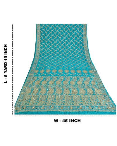 Sanskriti Vintage Blue Indian Sarees Georgette Hand Beaded Woven Sari Fabric, PS-61801-Blue-Woven Work-Georgette-1