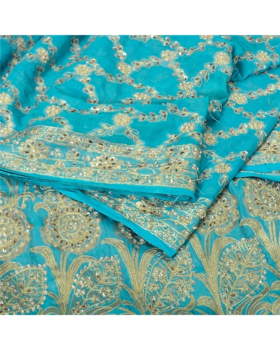 Sanskriti Vintage Blue Indian Sarees Georgette Hand Beaded Woven Sari Fabric, PS-61801-Blue-Woven Work-Georgette-2