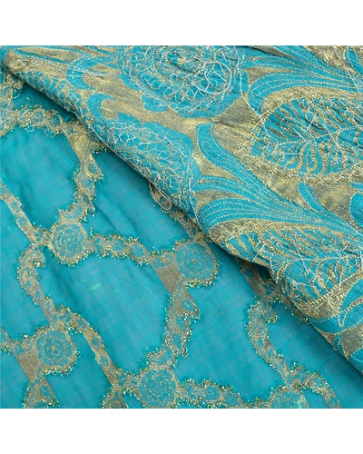 Sanskriti Vintage Blue Indian Sarees Georgette Hand Beaded Woven Sari Fabric, PS-61801-Blue-Woven Work-Georgette-3