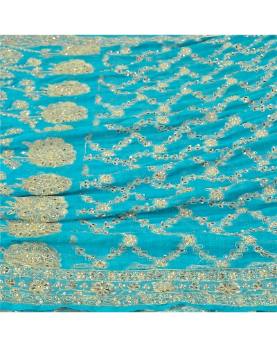 Sanskriti Vintage Blue Indian Sarees Georgette Hand Beaded Woven Sari Fabric, PS-61801-Blue-Woven Work-Georgette-4