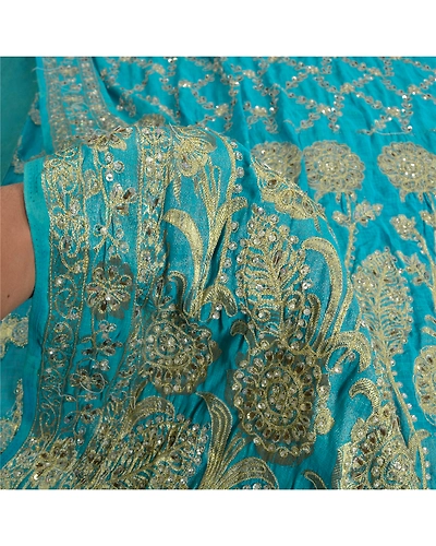 Sanskriti Vintage Blue Indian Sarees Georgette Hand Beaded Woven Sari Fabric, PS-61801-Blue-Woven Work-Georgette-5