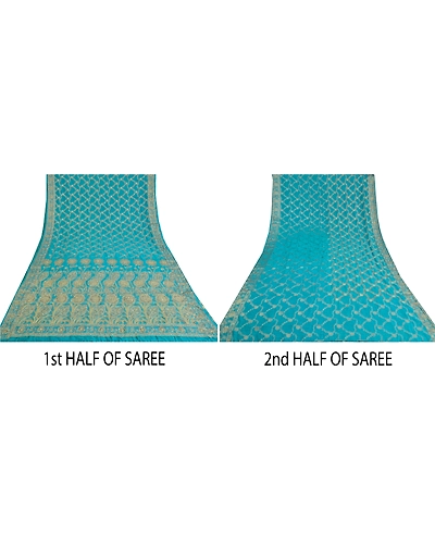 Sanskriti Vintage Blue Indian Sarees Georgette Hand Beaded Woven Sari Fabric, PS-61801-Blue-Woven Work-Georgette-6