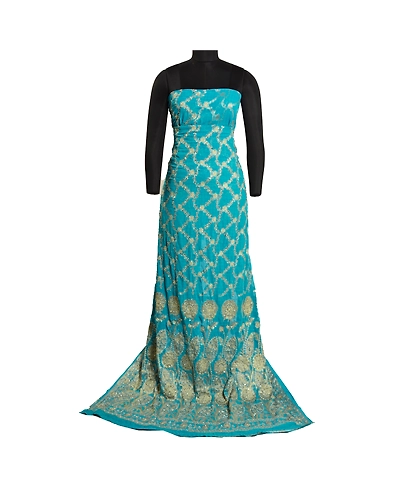 Sanskriti Vintage Blue Indian Sarees Georgette Hand Beaded Woven Sari Fabric, PS-61801-Blue-Woven Work-Georgette-7