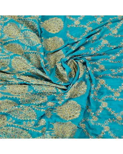 Sanskriti Vintage Blue Indian Sarees Georgette Hand Beaded Woven Sari Fabric, PS-61801-Blue-Woven Work-Georgette-8