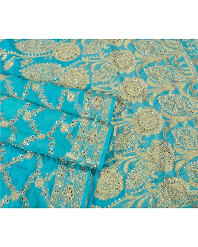 Sanskriti Vintage Blue Indian Sarees Georgette Hand Beaded Woven Sari Fabric, PS-61801-Blue-Woven Work-Georgette-9