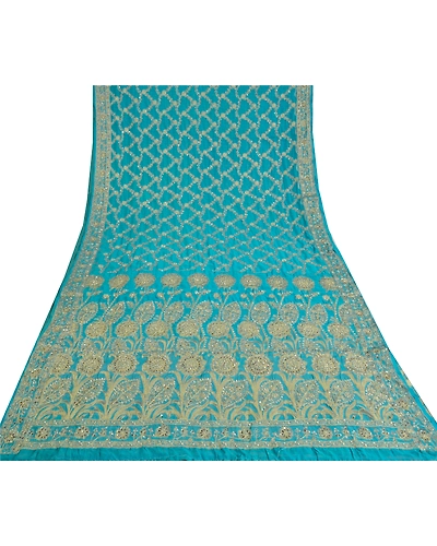 Sanskriti Vintage Blue Indian Sarees Georgette Hand Beaded Woven Sari Fabric, PS-61801-Blue-Woven Work-Georgette-10