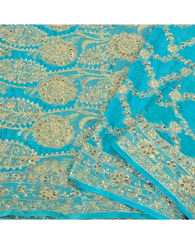 Sanskriti Vintage Blue Indian Sarees Georgette Hand Beaded Woven Sari Fabric, PS-61801-Blue-Woven Work-Georgette-11